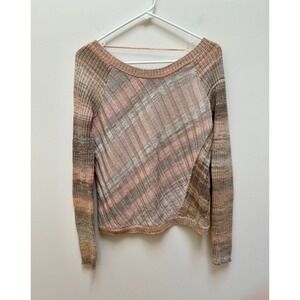 Free People Sweater Womens SP Taupe Pink Ribbed Knit Scoop Neck Raglan Patchwork